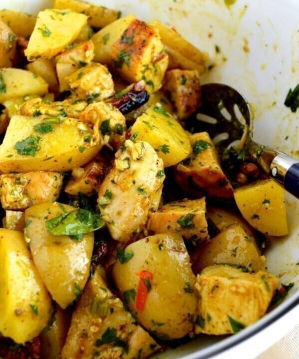 Curried Grilled Chicken Potato Salad by thewoksoflife.com