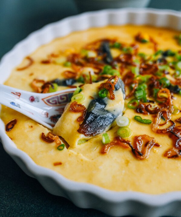 Three Color Steamed Egg with fried shallots and scallion