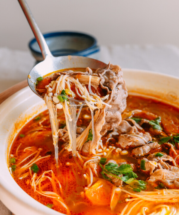 Chinese Tomato Beef Soup with Enoki Mushrooms and Mung Bean Noodles